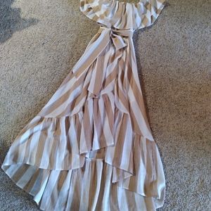 White and tan striped dress on or off shoulder with matching belt/tie
